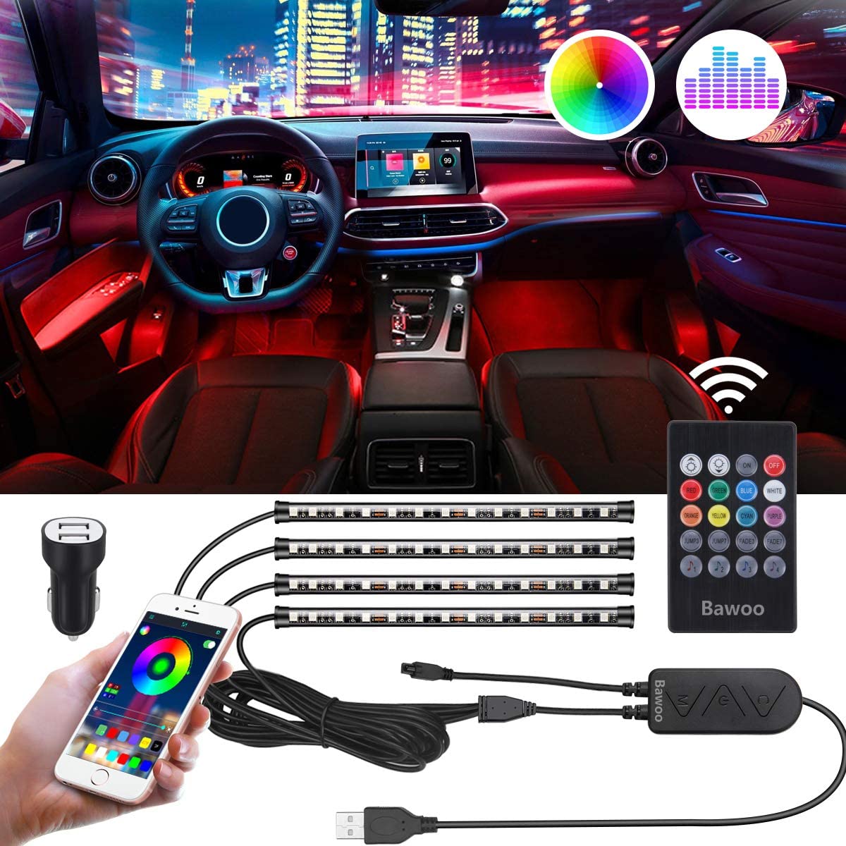Car Atmosphere Light With Wireless Remote Music Control Multiple Modes Automotive Interior Light